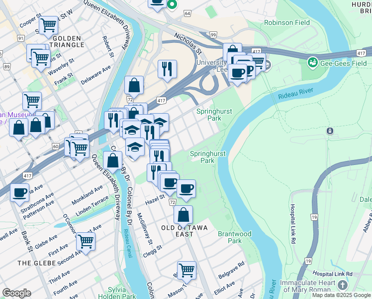 map of restaurants, bars, coffee shops, grocery stores, and more near 103 Springhurst Avenue in Ottawa
