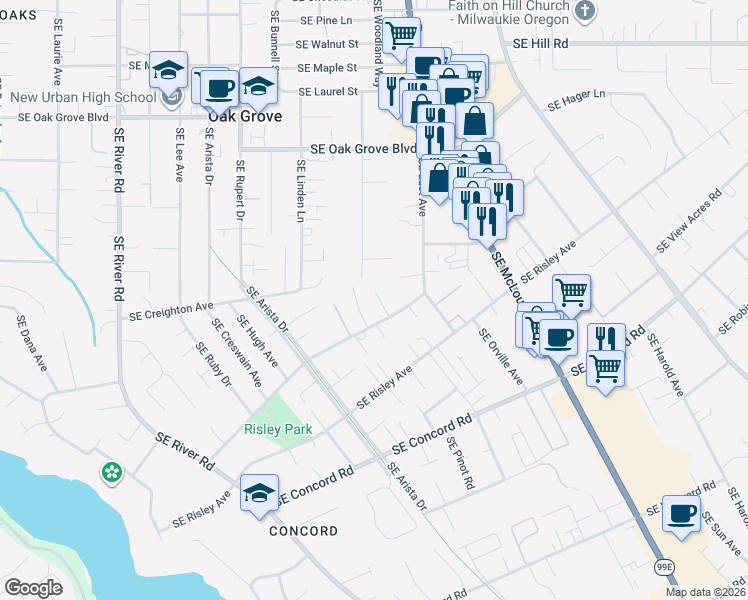 map of restaurants, bars, coffee shops, grocery stores, and more near 2811 Southeast Swain Avenue in Milwaukie