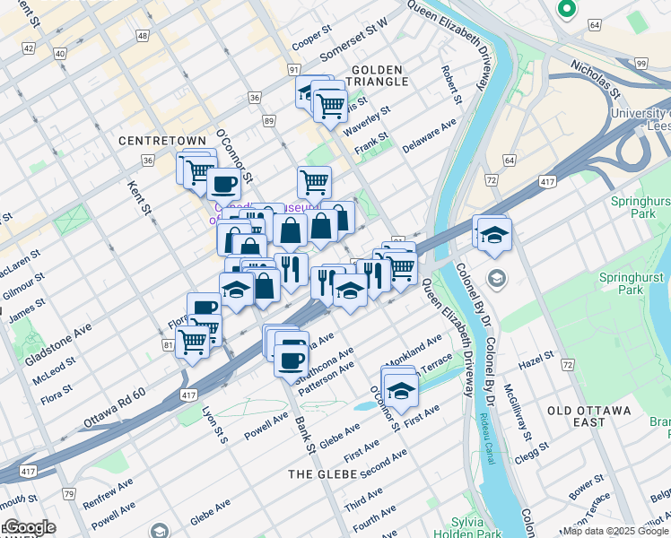 map of restaurants, bars, coffee shops, grocery stores, and more near 102 Argyle Avenue in Ottawa