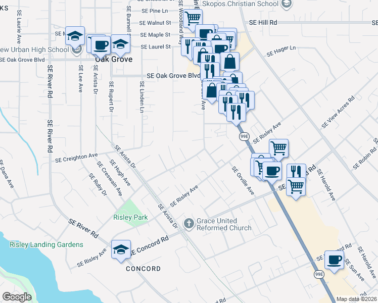map of restaurants, bars, coffee shops, grocery stores, and more near 2811 Southeast Swain Avenue in Milwaukie