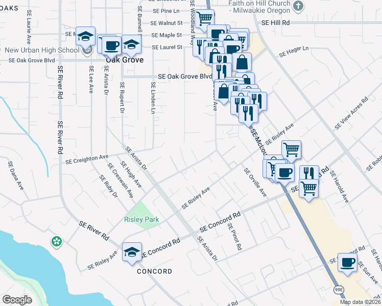 map of restaurants, bars, coffee shops, grocery stores, and more near 2811 Southeast Swain Avenue in Milwaukie