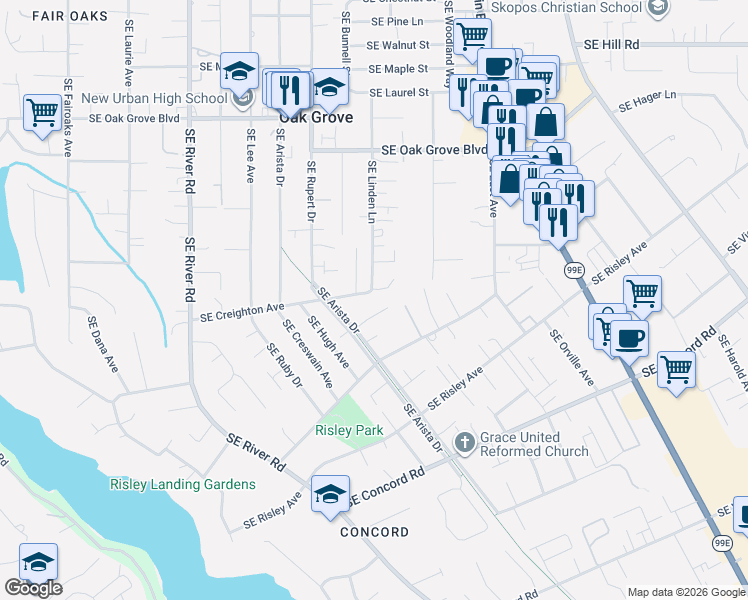 map of restaurants, bars, coffee shops, grocery stores, and more near 2630 Southeast Ada Lane in Milwaukie