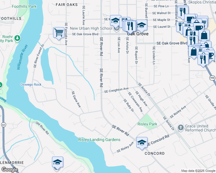 map of restaurants, bars, coffee shops, grocery stores, and more near 1817 Southeast Creighton Avenue in Milwaukie