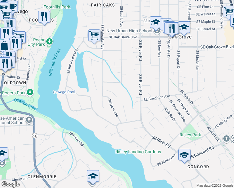 map of restaurants, bars, coffee shops, grocery stores, and more near 1440 Southeast Eastwood Court in Milwaukie