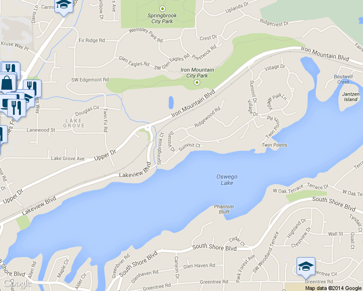 map of restaurants, bars, coffee shops, grocery stores, and more near 2300 Summit Court in Lake Oswego