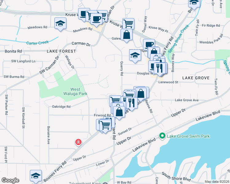 map of restaurants, bars, coffee shops, grocery stores, and more near in Lake Oswego