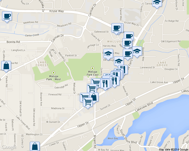 map of restaurants, bars, coffee shops, grocery stores, and more near in Lake Oswego