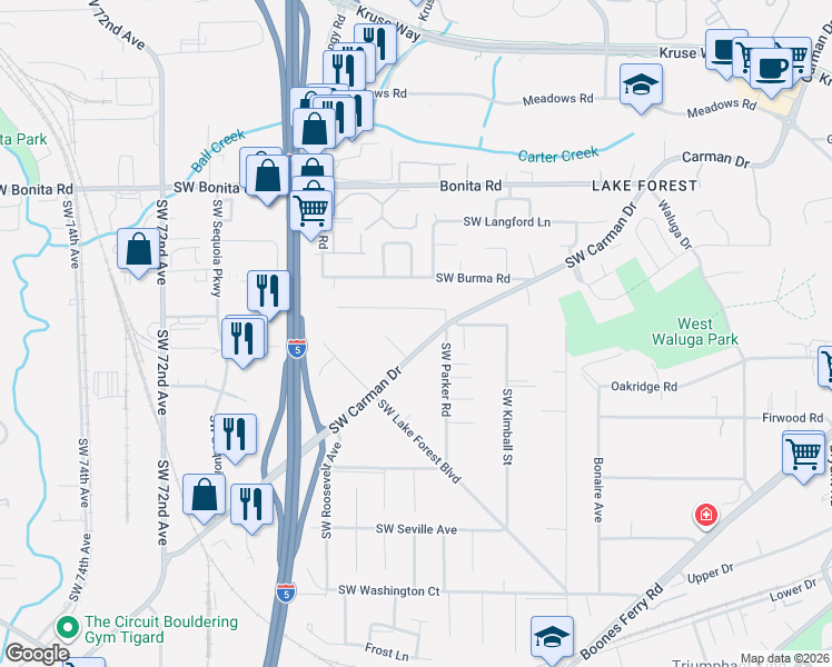 map of restaurants, bars, coffee shops, grocery stores, and more near 6012 Carman Drive in Lake Oswego