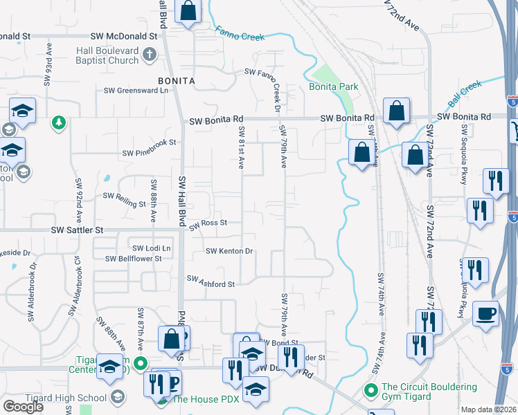map of restaurants, bars, coffee shops, grocery stores, and more near 8040 Southwest Barnum Street in Tigard