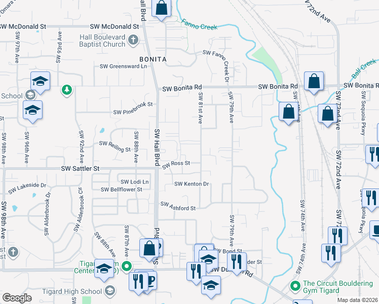 map of restaurants, bars, coffee shops, grocery stores, and more near 8145 Southwest Ross Street in Tigard
