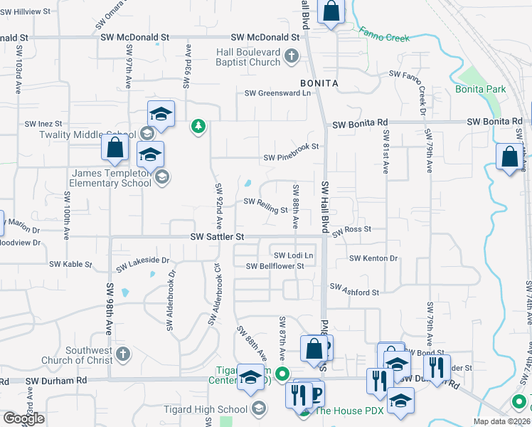 map of restaurants, bars, coffee shops, grocery stores, and more near 15020 Southwest 89th Place in Tigard