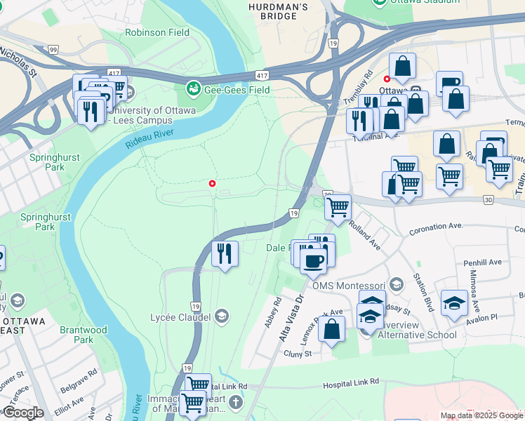 map of restaurants, bars, coffee shops, grocery stores, and more near 1480 Riverside Drive in Ottawa