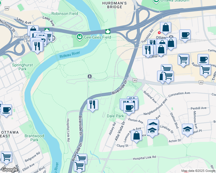 map of restaurants, bars, coffee shops, grocery stores, and more near 1480 Riverside Drive in Ottawa