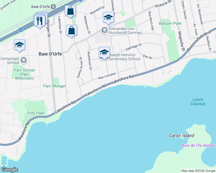 map of restaurants, bars, coffee shops, grocery stores, and more near 20240 Chemin Lakeshore in Baie-d'Urfé