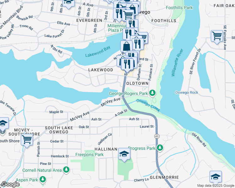 map of restaurants, bars, coffee shops, grocery stores, and more near 668 McVey Avenue in Lake Oswego