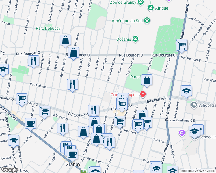 map of restaurants, bars, coffee shops, grocery stores, and more near 309 Rue Saint-Hubert in Granby