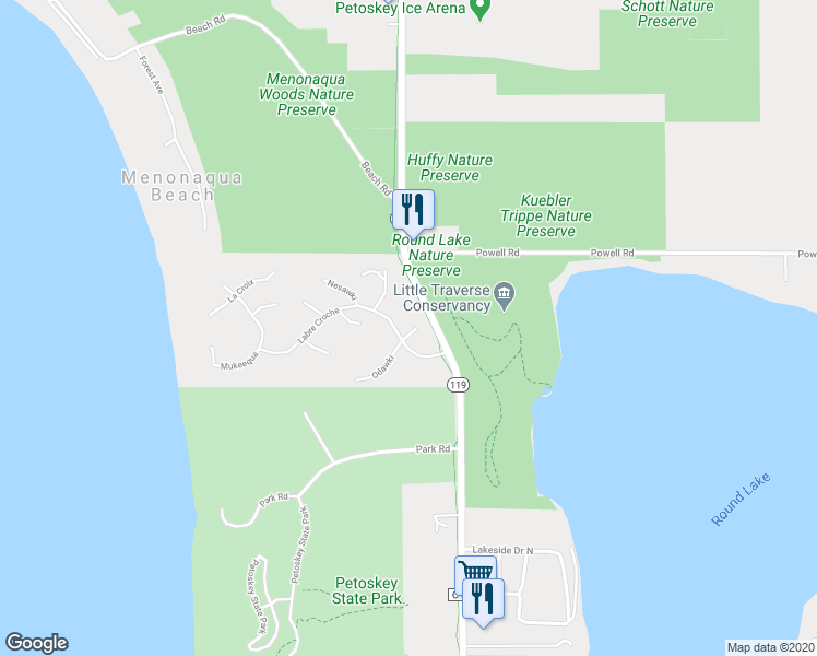 map of restaurants, bars, coffee shops, grocery stores, and more near 2755 Harbor-Petoskey Road in Petoskey