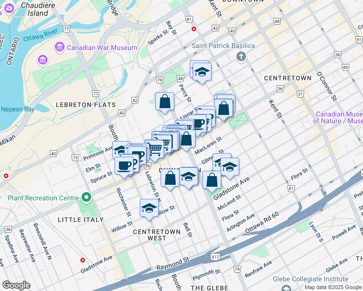 map of restaurants, bars, coffee shops, grocery stores, and more near 683 Somerset Street West in Ottawa