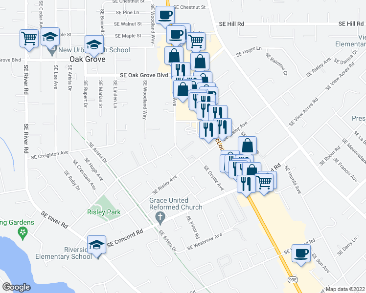 map of restaurants, bars, coffee shops, grocery stores, and more near 15540 Southeast East Avenue in Milwaukie