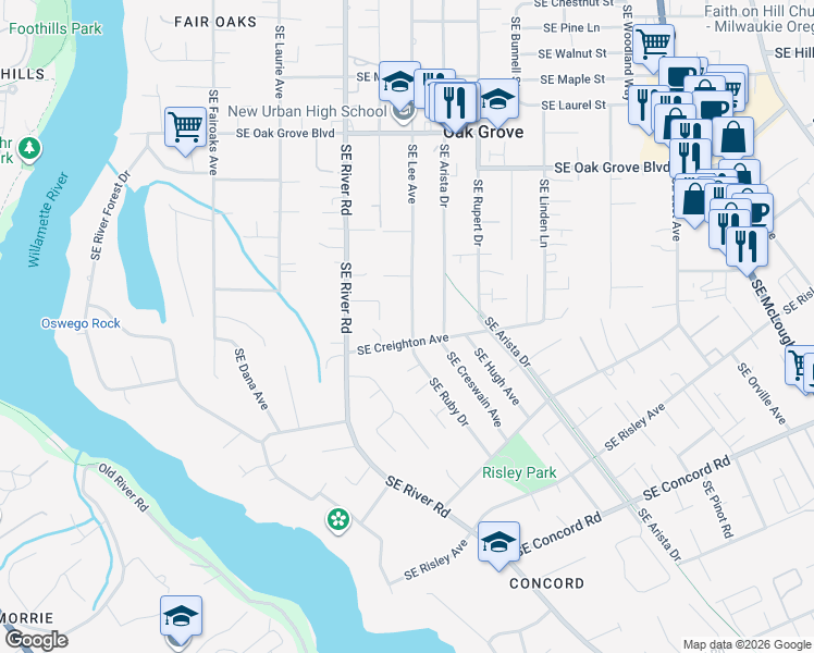 map of restaurants, bars, coffee shops, grocery stores, and more near 1947 Southeast Creighton Avenue in Milwaukie