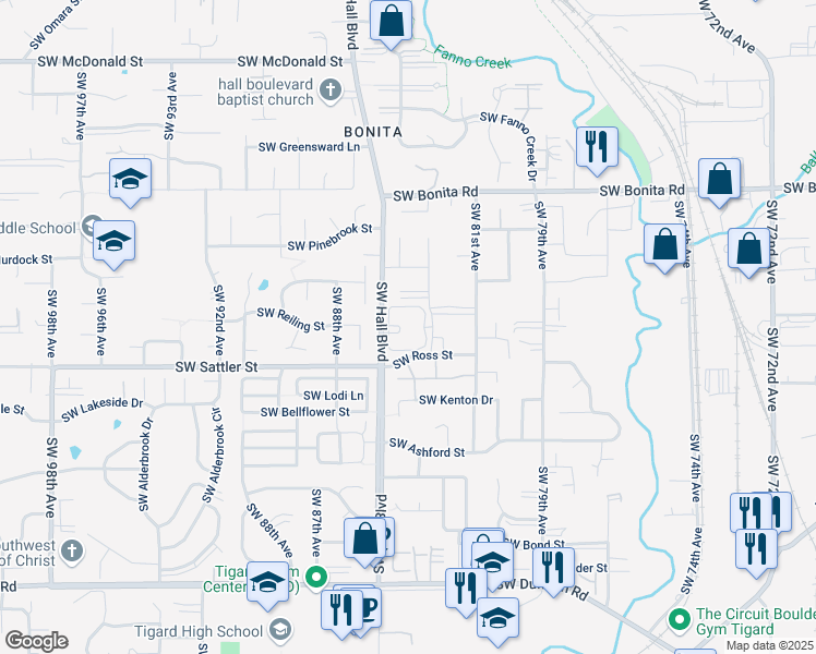 map of restaurants, bars, coffee shops, grocery stores, and more near 15114 Southwest Chandler Lane in Tigard