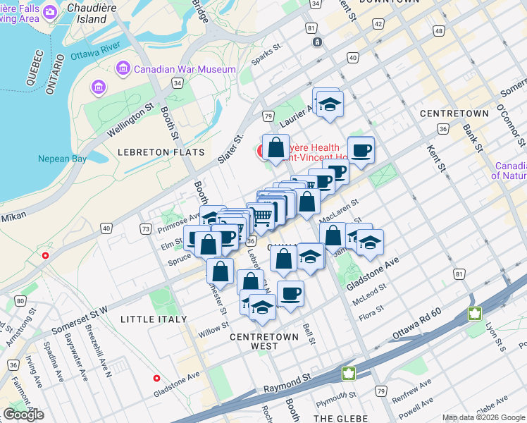 map of restaurants, bars, coffee shops, grocery stores, and more near in Ottawa