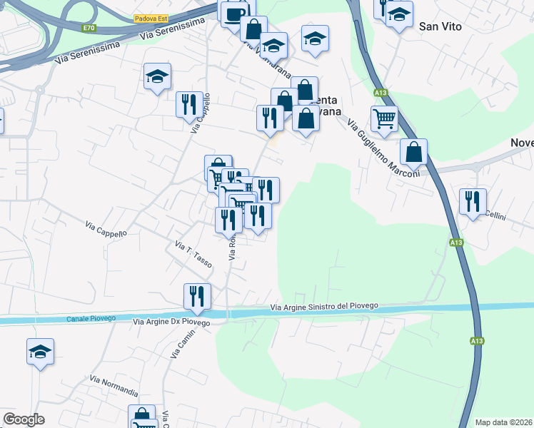 map of restaurants, bars, coffee shops, grocery stores, and more near 127 Via Roma in Noventa Padovana