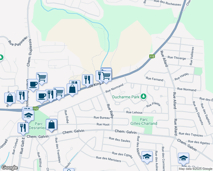 map of restaurants, bars, coffee shops, grocery stores, and more near 2240 Rue King Est in Sherbrooke