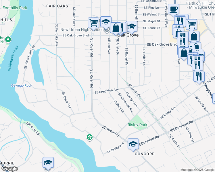 map of restaurants, bars, coffee shops, grocery stores, and more near 1947 Southeast Creighton Avenue in Milwaukie