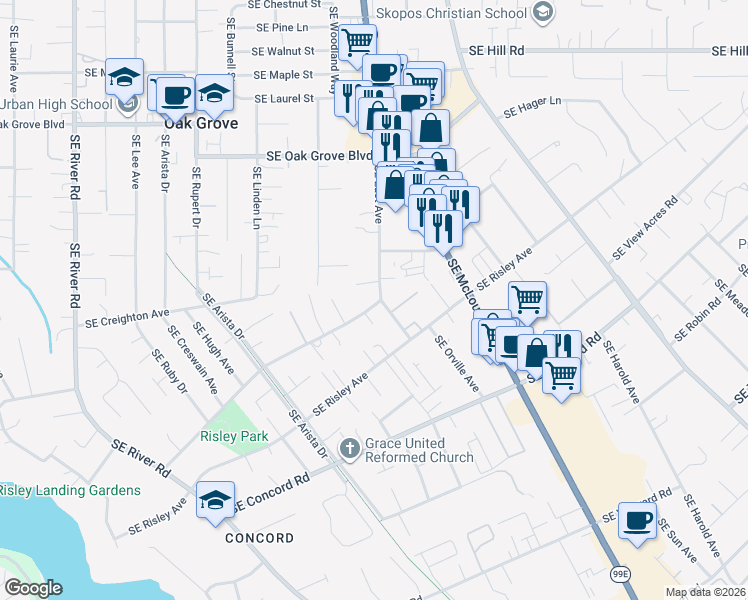 map of restaurants, bars, coffee shops, grocery stores, and more near 3029 Southeast Swain Avenue in Portland