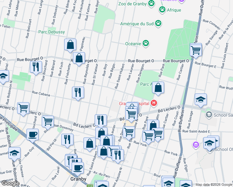 map of restaurants, bars, coffee shops, grocery stores, and more near 309 Rue Saint-Hubert in Granby
