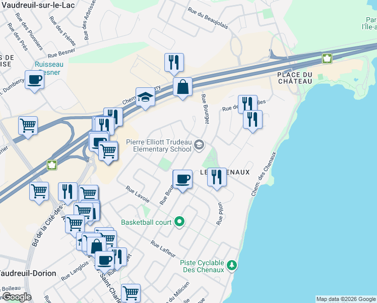 map of restaurants, bars, coffee shops, grocery stores, and more near 477 Rue Bourget in Vaudreuil-Dorion