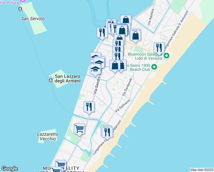 map of restaurants, bars, coffee shops, grocery stores, and more near 29 Via Lepanto in Lido