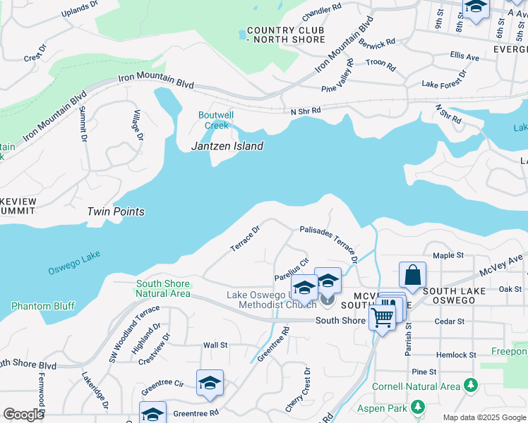 map of restaurants, bars, coffee shops, grocery stores, and more near 750 Terrace Drive in Lake Oswego