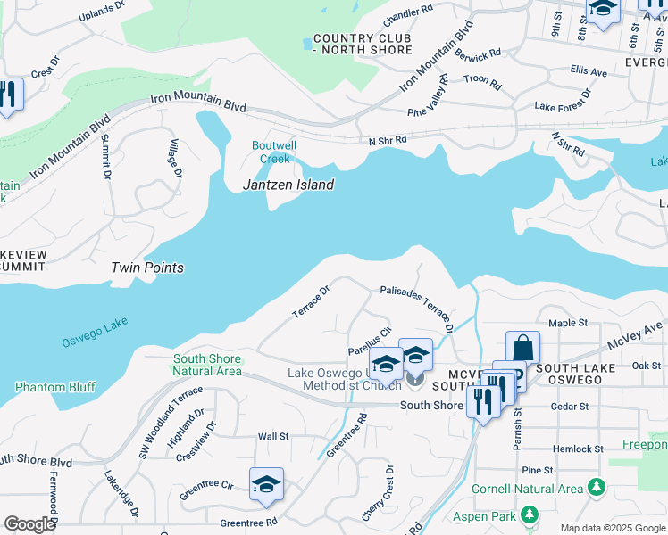 map of restaurants, bars, coffee shops, grocery stores, and more near 750 Terrace Drive in Lake Oswego
