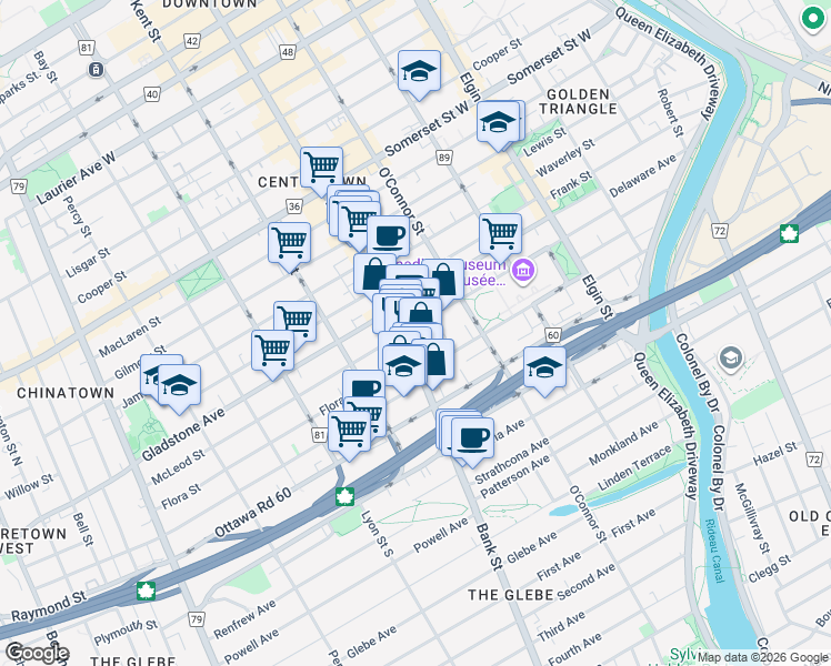 map of restaurants, bars, coffee shops, grocery stores, and more near 455 Bank Street in Ottawa