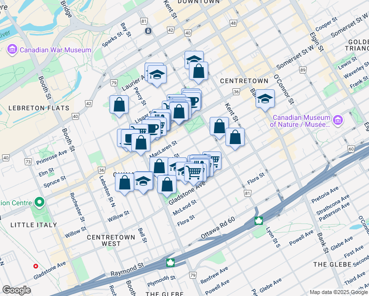 map of restaurants, bars, coffee shops, grocery stores, and more near in Ottawa