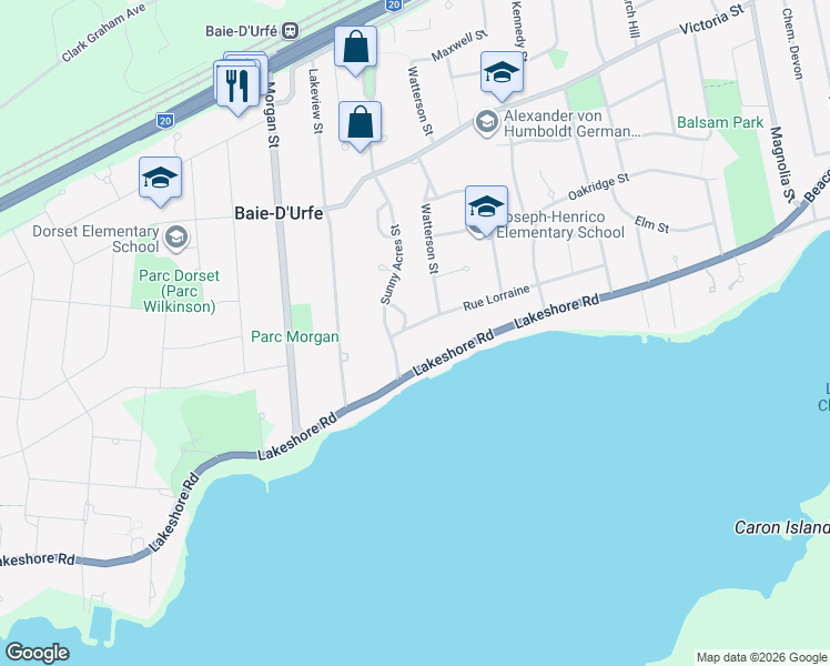 map of restaurants, bars, coffee shops, grocery stores, and more near 302 Rue Lorraine in Baie-d'Urfé