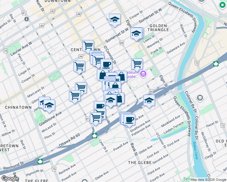 map of restaurants, bars, coffee shops, grocery stores, and more near 455 Bank Street in Ottawa