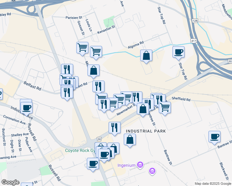 map of restaurants, bars, coffee shops, grocery stores, and more near 1600 Liverpool Court in Ottawa