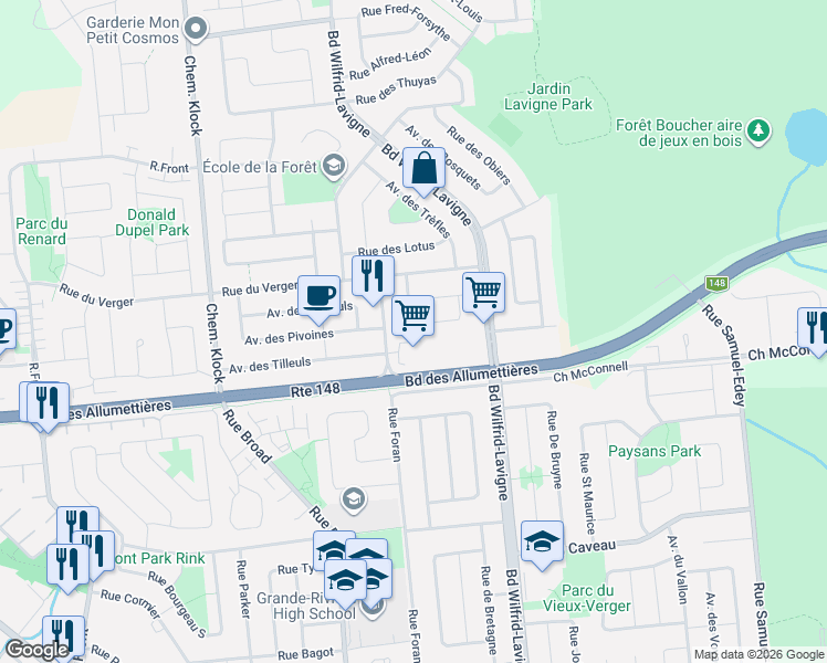 map of restaurants, bars, coffee shops, grocery stores, and more near 118 Rue des Marronniers in Gatineau