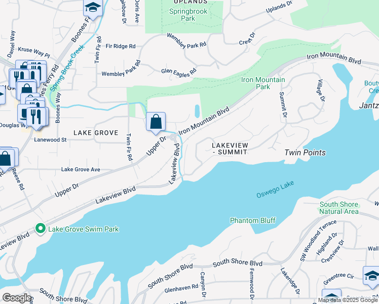 map of restaurants, bars, coffee shops, grocery stores, and more near 15750 Springbrook Court in Lake Oswego