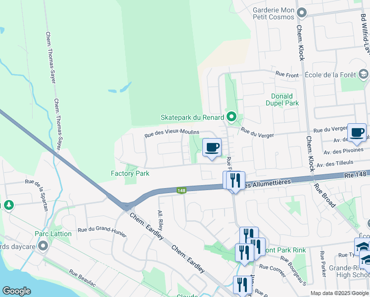 map of restaurants, bars, coffee shops, grocery stores, and more near 47 Rue de la Forge in Gatineau