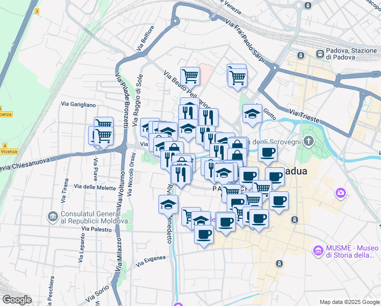 map of restaurants, bars, coffee shops, grocery stores, and more near 27 Riviera Albertino Mussato in Padua