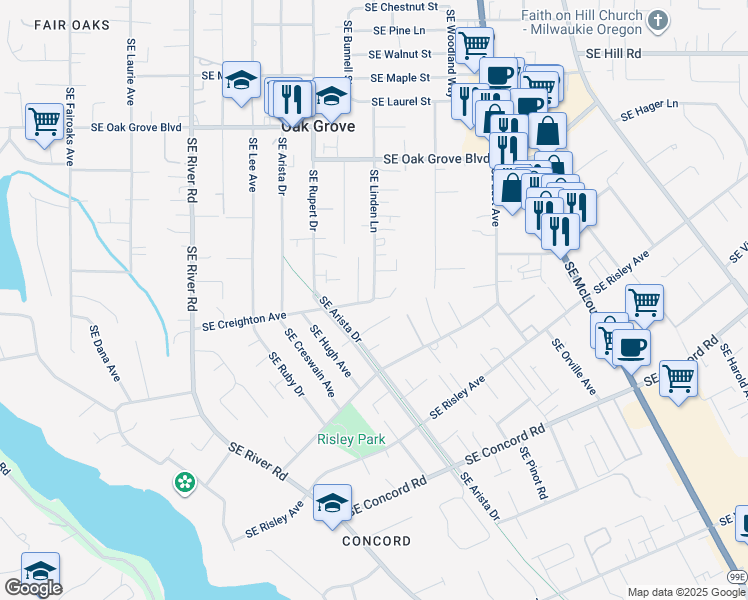 map of restaurants, bars, coffee shops, grocery stores, and more near 15920 Southeast Linden Lane in Portland