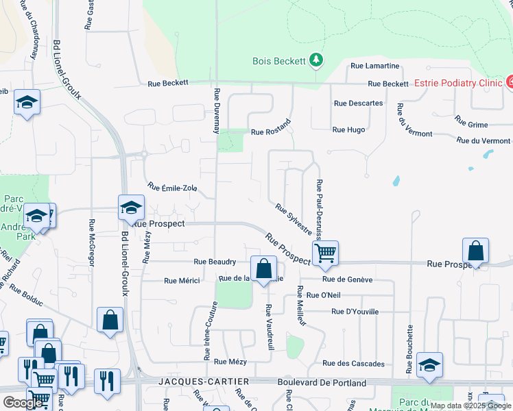 map of restaurants, bars, coffee shops, grocery stores, and more near 2600 Rue Sylvestre in Sherbrooke