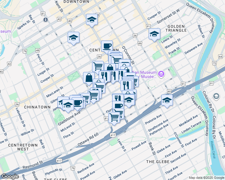 map of restaurants, bars, coffee shops, grocery stores, and more near 429 Kent Street in Ottawa