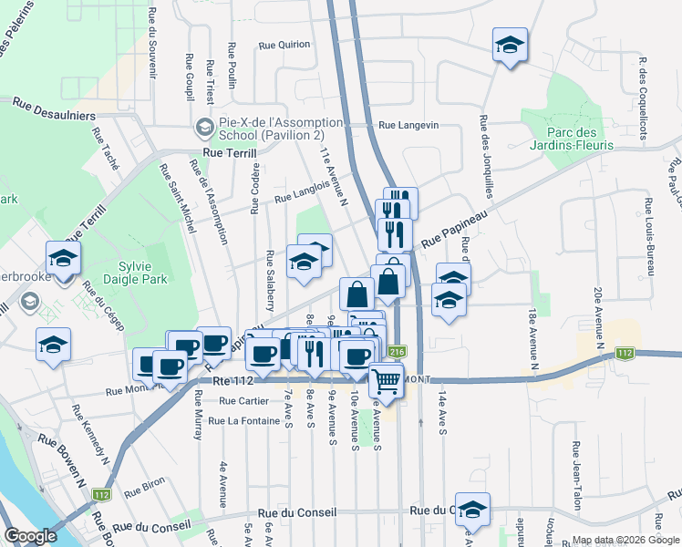 map of restaurants, bars, coffee shops, grocery stores, and more near 265 10e Avenue Nord in Sherbrooke