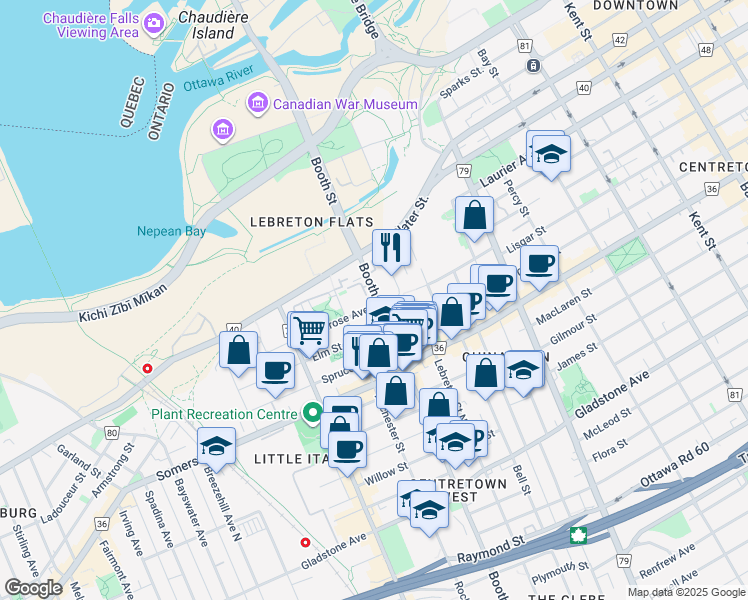 map of restaurants, bars, coffee shops, grocery stores, and more near 220 Booth Street in Ottawa