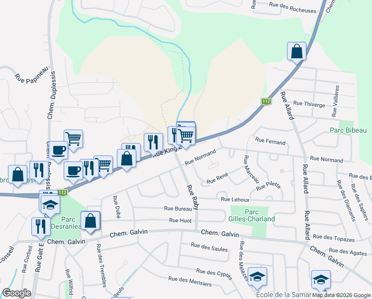 map of restaurants, bars, coffee shops, grocery stores, and more near 2240 Rue King Est in Sherbrooke